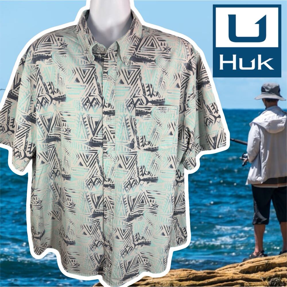 Huk White Blue Swordfish Stretch Button Up Shirt 2XL